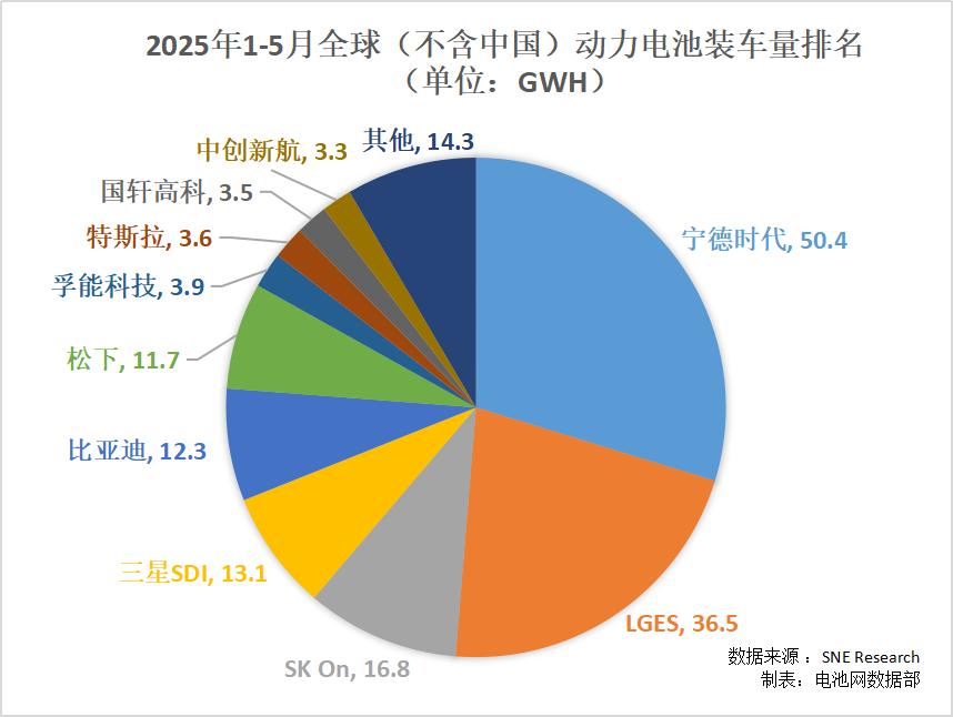 2025年1-5月全球（不含中國）動(dòng)力電池裝車量排名