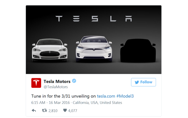 特斯拉3月31日發布廉價電動車Model 3 賣22.8萬 特斯拉3月31日發布廉價電動車Model 3 賣22.8萬