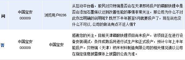 中國寶安：預(yù)計磷酸鐵鋰項目今年上半年投產(chǎn)