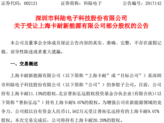 科陸電子擬1.2億受讓上?？陀?%股權(quán) 增強(qiáng)新能源領(lǐng)域競(jìng)爭(zhēng)力