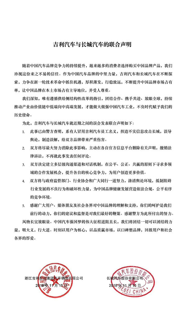 吉利、長城今天握手言和!攜手做強中國品牌! 吉利、長城今天握手言和!攜手做強中國品牌!