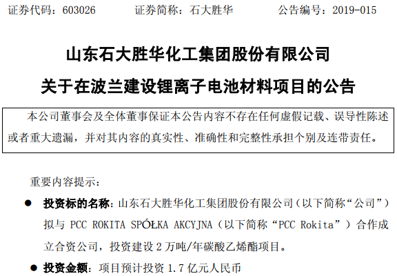 石大勝華擬在波蘭投建鋰電材料項(xiàng)目 一期年產(chǎn)2萬噸碳酸乙烯酯 石大勝華擬在波蘭投建鋰電材料項(xiàng)目 一期年產(chǎn)2萬噸碳酸乙烯酯