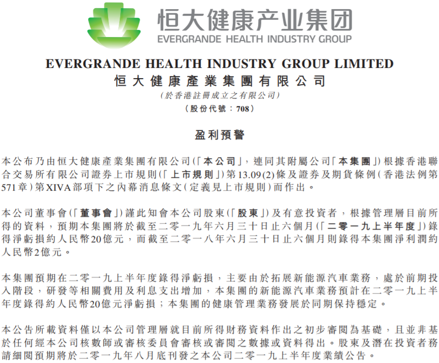 新能源汽車業(yè)務(wù)處于投入階段 恒大健康預(yù)計中報凈虧約20億元