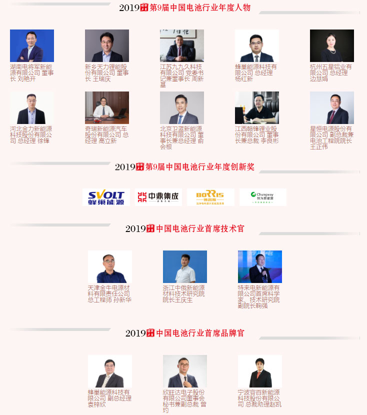 第9屆（2019年）中國(guó)電池行業(yè)年度人物/年度創(chuàng)新獎(jiǎng)/首席技術(shù)官/首席品牌官名單揭曉