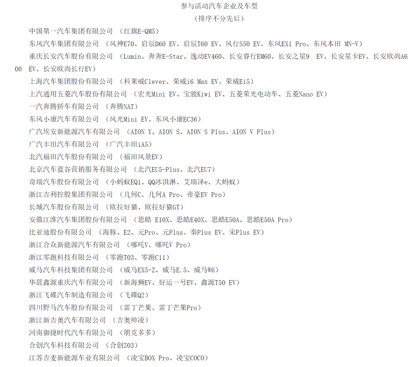 參與新能源汽車下鄉(xiāng)活動車企及車型，圖片來源：工信部官網(wǎng)
