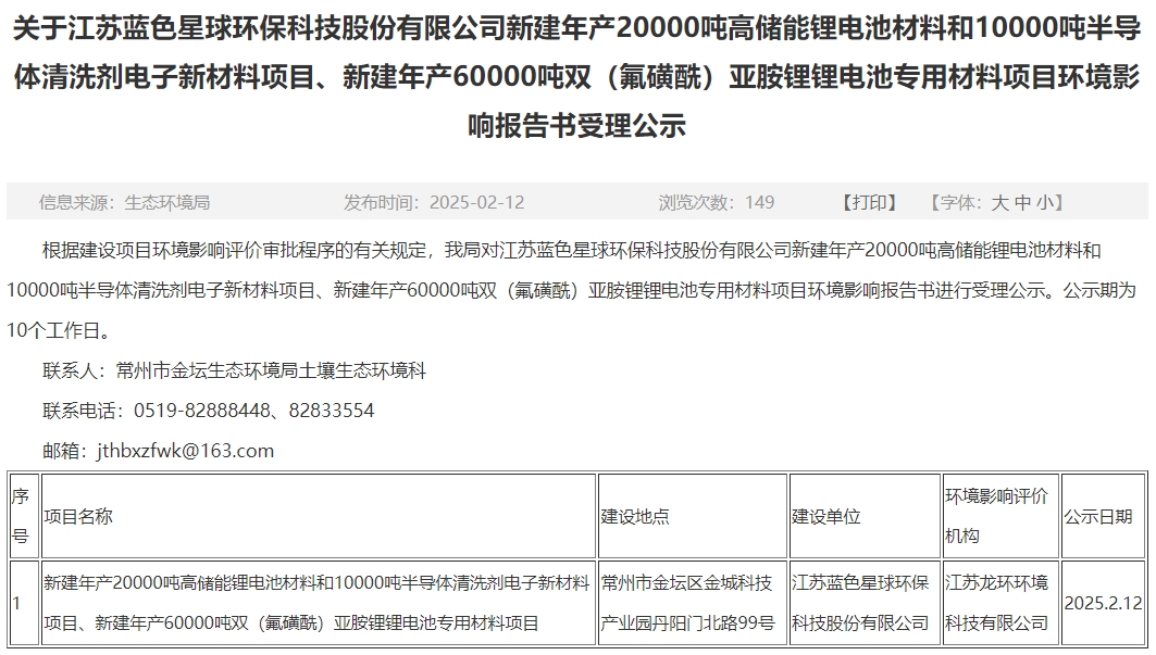 投資10.9億元！藍色星球環保江蘇常州電池材料項目環評公示